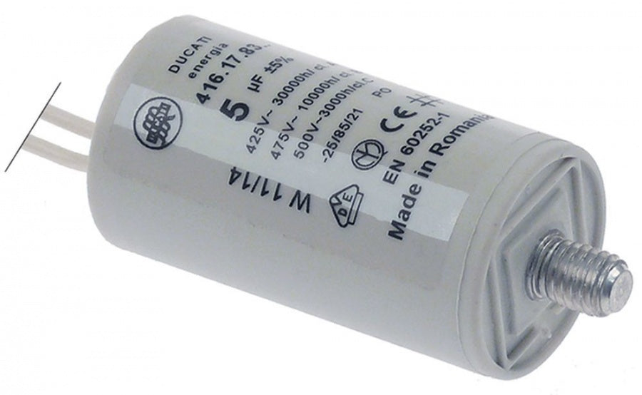 Condensator 5 µF, 425 V, toleranta 5 %, 50/60 Hz,  ø 30 mm L 55 mm, filet M8 - 365172
