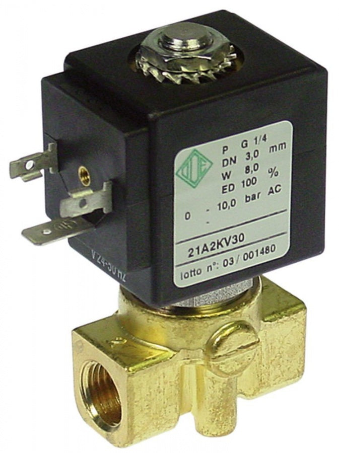 Electrovalva ODE 21A, bobina BDA 24 V alternativ, racorduri ¼", L 40 mm, deschidere nominala 3 mm, priza DIN, -10°+140°C, max. 10 bari - 370139