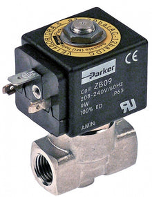 Electrovalva din Inox, Parker VE-140, 230 V, racorduri ¼" mm, deschidere nominala 3 mm, L 40 mm, bobina ZB09 - 370141