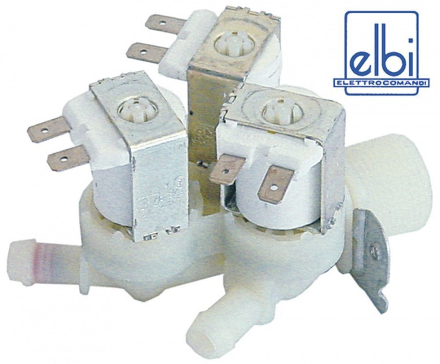 Electrovalva, 3 Cai, dreapta, 230 V, intrare ¾", iesire 11,5 mm, t.max. 90°C, ELBI, plastic - Cod 370247