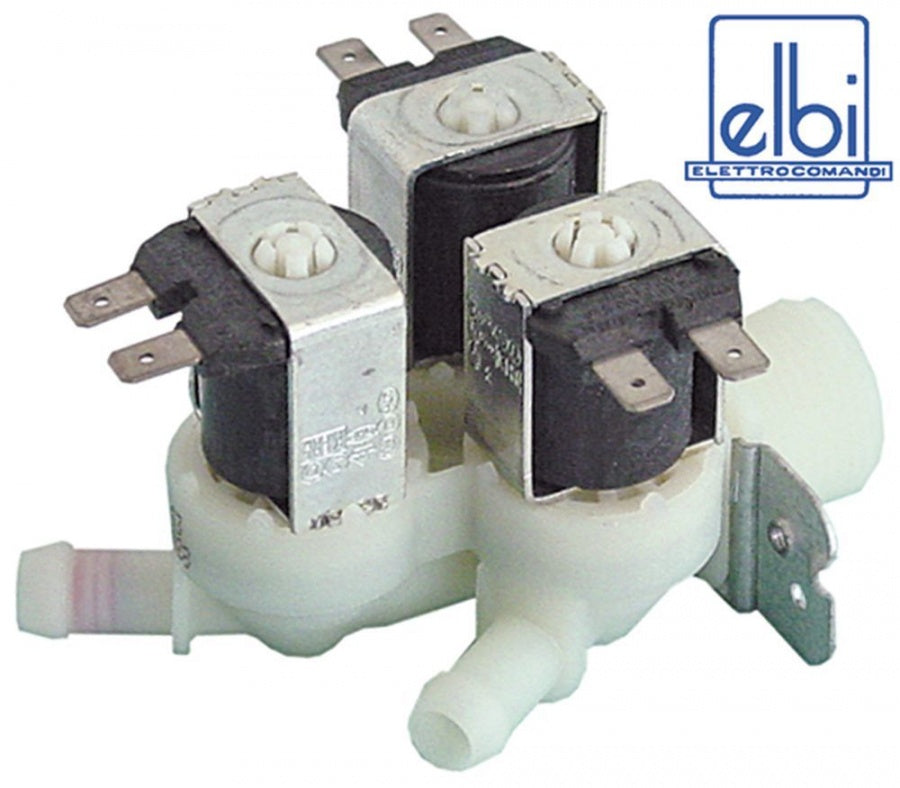 Electrovalva, 3 Cai, dreapta, 230 V, intrare ¾", iesire 11,5 mm, t.max. 90°C, ELBI, plastic - Cod 370257