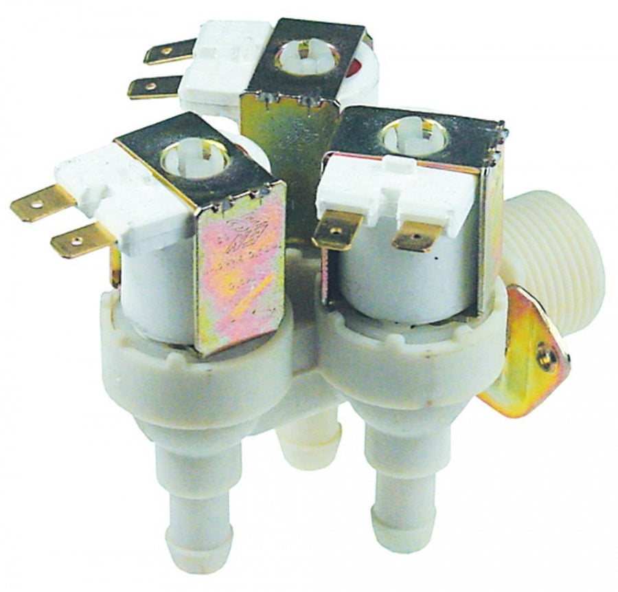 Electrovalva cu 3 iesiri 002712, 230 V, intrare ¾", iesiri 11,5 mm, t. max. 90°C, plastic - 370344