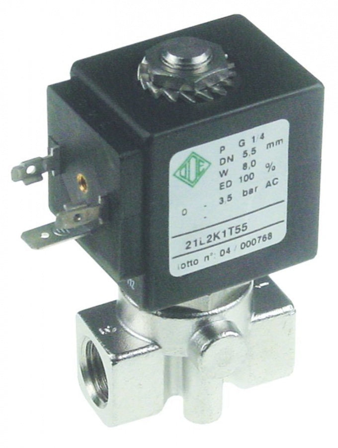 Electrovalva din inox 1/4", 230 V, ODE 21A, bobina BDA, deschidere 5,5 mm, P. max. 3,5 bari, -10+140°C, pentru apa/abur - 370349