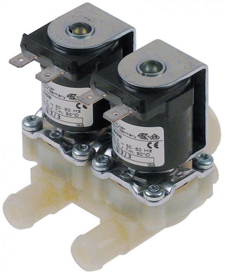 solenoid valve double 230V inlet ¾" outlet 14,5mm DN10 t.max. 90°C duty cycle 100% output A 3l/min