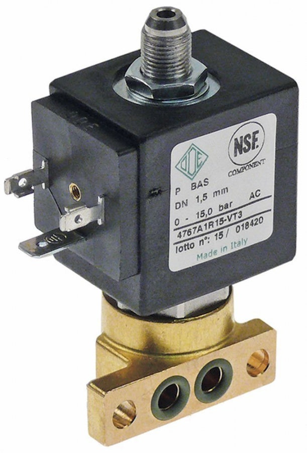 solenoid valve brass 3-ways 230V AC L 44,5mm DN 1,5mm t.max. 160°C slide-on receptacle DIN