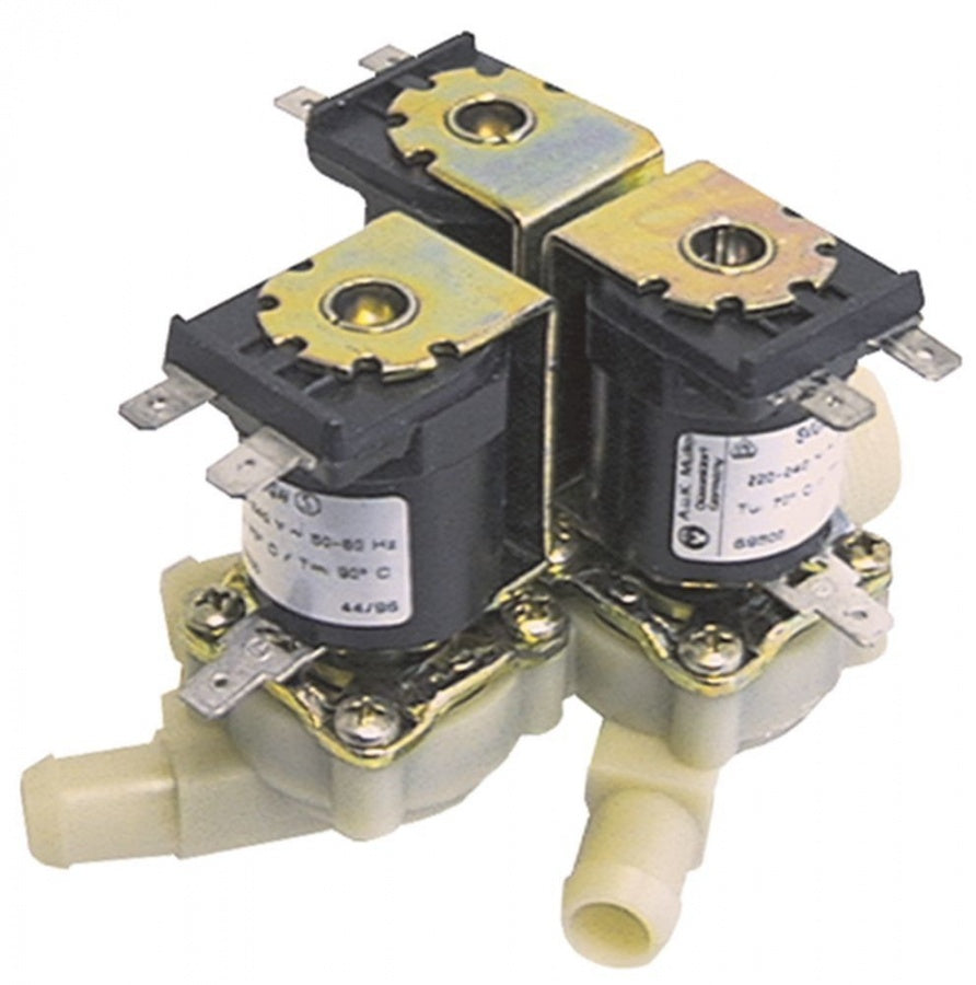 solenoid valve triple 230V inlet ¾" outlet 14,5mm DN10 t.max. 90°C output A 3l/min output B 3l/min