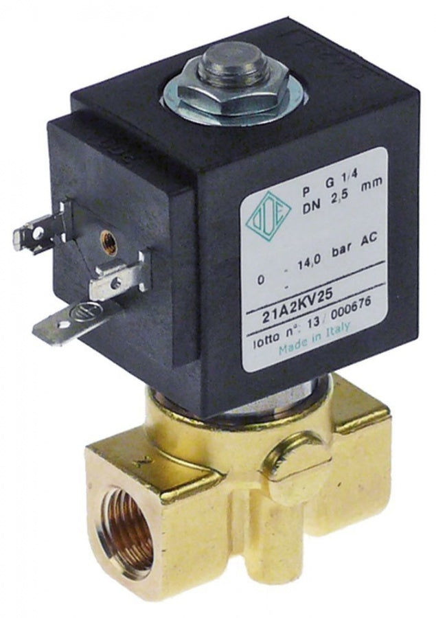 solenoid valve brass 2-ways 230 VAC inlet ¼" IT outlet ¼" IT L 40mm DN 2,5mm t.max. 140°C