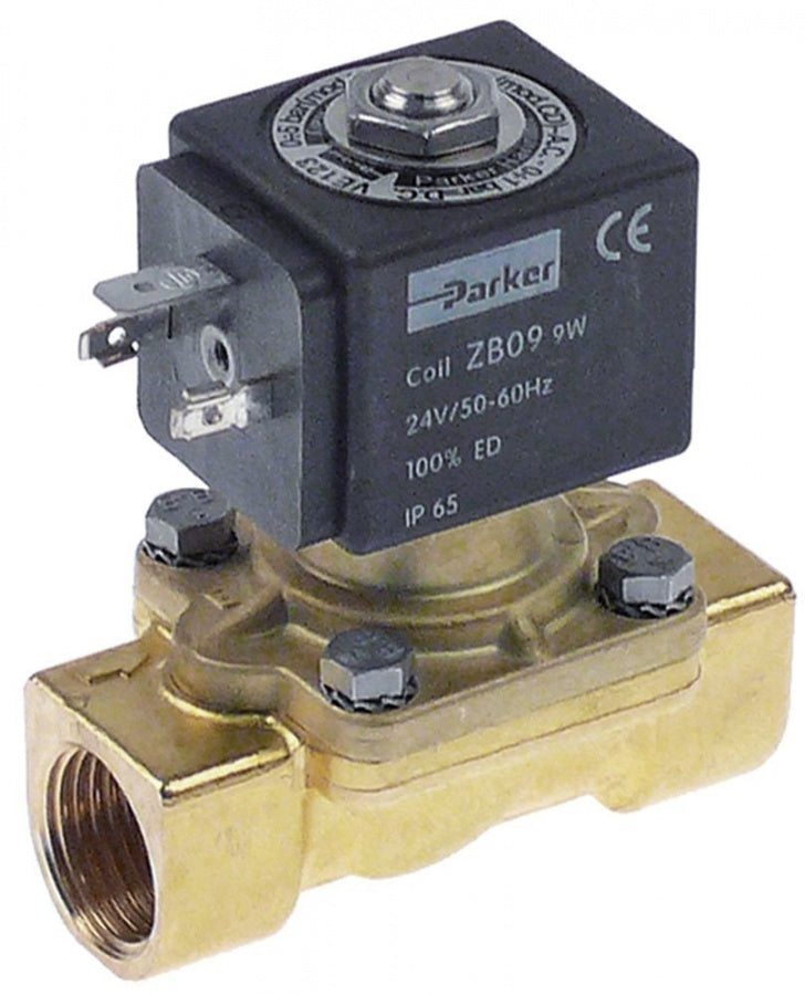 solenoid valve brass 2-ways 230 VAC inlet ½" IT outlet ½" IT L 72mm DN 13mm t.max. 140°C