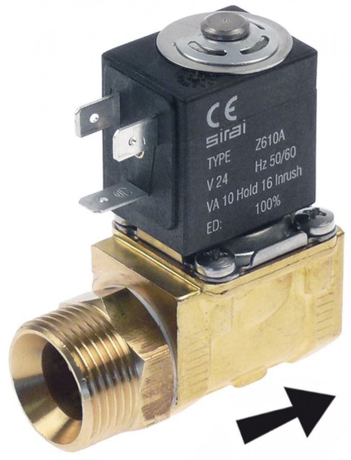 solenoid valve brass 2-ways 24 VAC inlet ¾" ET outlet ½" IT connection ¾" L 61mm DN 10mm