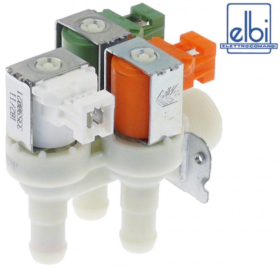 solenoid valve 3-fold angled 230V AC inlet ¾" outlet 14,5mm t.max. 90°C ELBI plastic