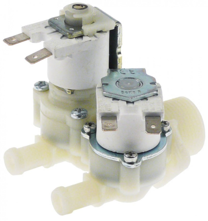 solenoid valve double straight 230V AC inlet ¾" outlet 11,5mm t.max. 60°C plastic RPE
