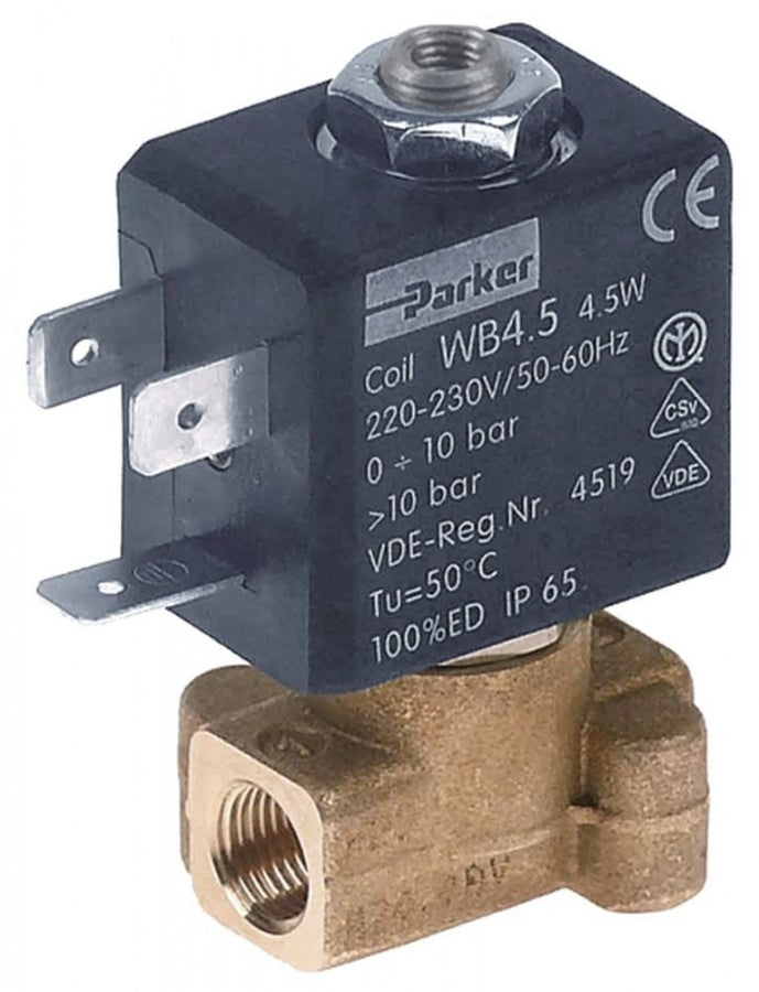 solenoid valve 2-ways 230 VAC inlet 1/8" outlet 1/8" L 30mm PARKER type series WB4.5