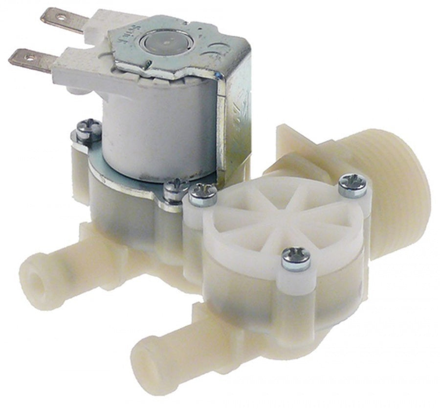 Electrovalva dubla, 24 VAC, intrare 3/4", iesiri 10 mm, DN10, t.max. 90°C, cu reductii de debit alb pe iesiri, plastic - 370760