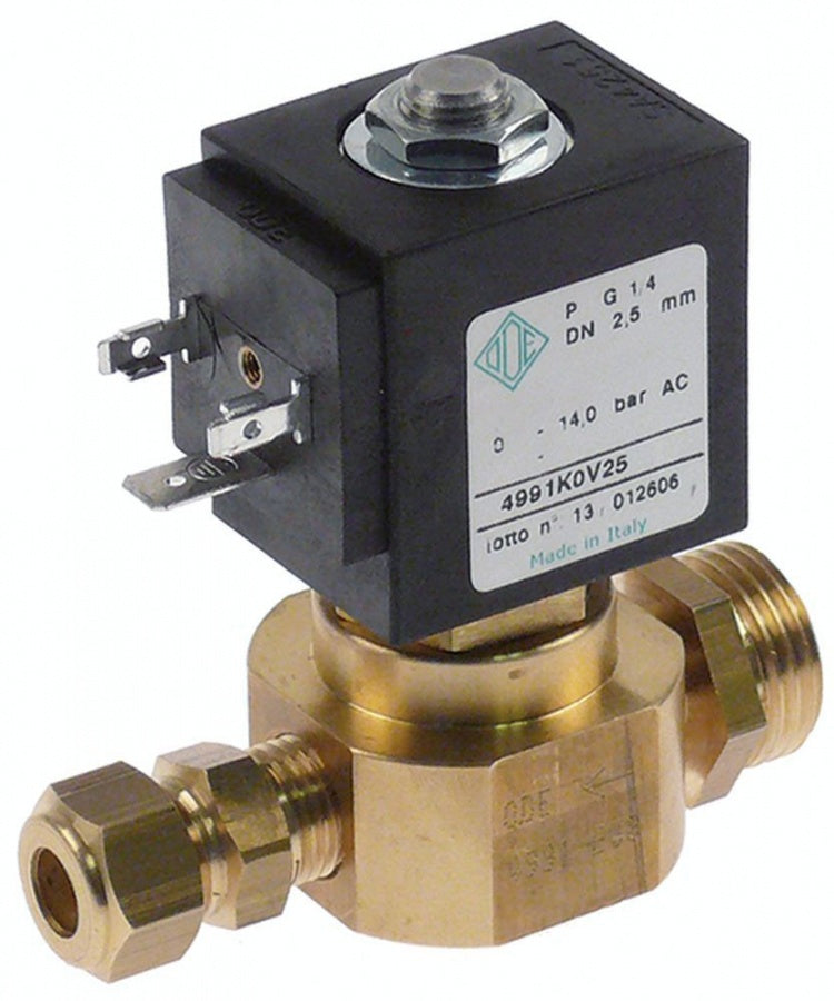 solenoid valve brass 2 -ways 220-230V/50-60Hz inlet 1/4" outlet 1/4" L 35 mm DN 2,5 mm ODE