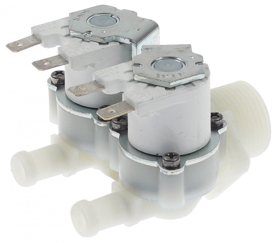 electrovalva dublu drept 230VAC intrare 3/4 ieșire 10,5mm intrare 7l/min ieșire 2x1,2l/min