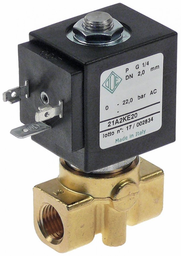 electrovalva alamă 2-căi 230VAC intrare 1/4\ ieșire 1/4\" L 40mm 21A2KE20 DN 2mm"
