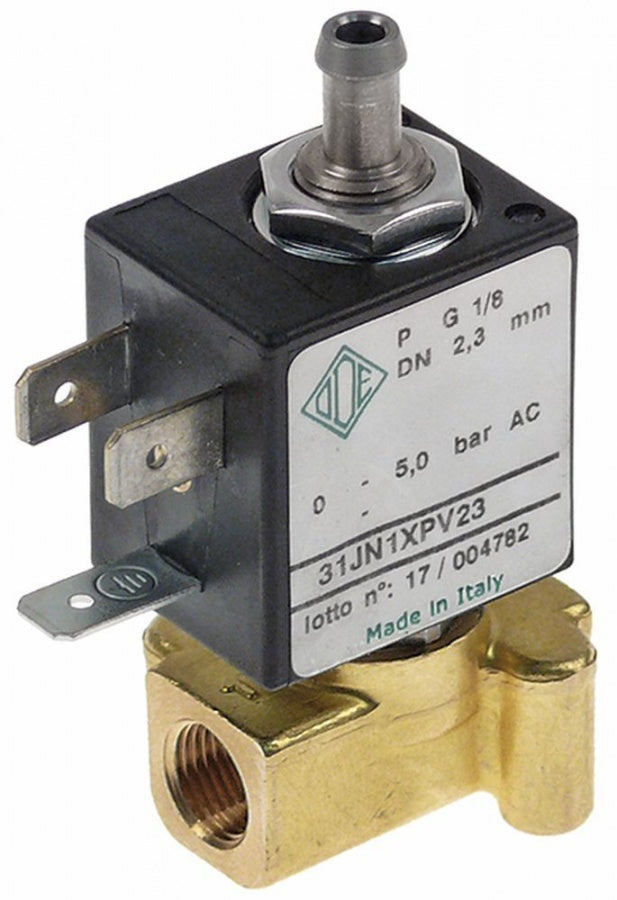 electrovalva alamă 3-căi 230VAC racord 1/8\ L 30mm DN 2.3mm ODE serie 31JN1XPV23 p max 5bar