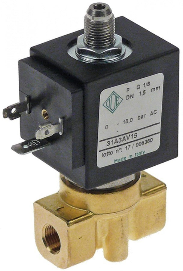 electrovalva 3-căi 230VAC racord 1/8\ DN 1.2mm conector feminin DIN -20° până la +130°C ODE serie