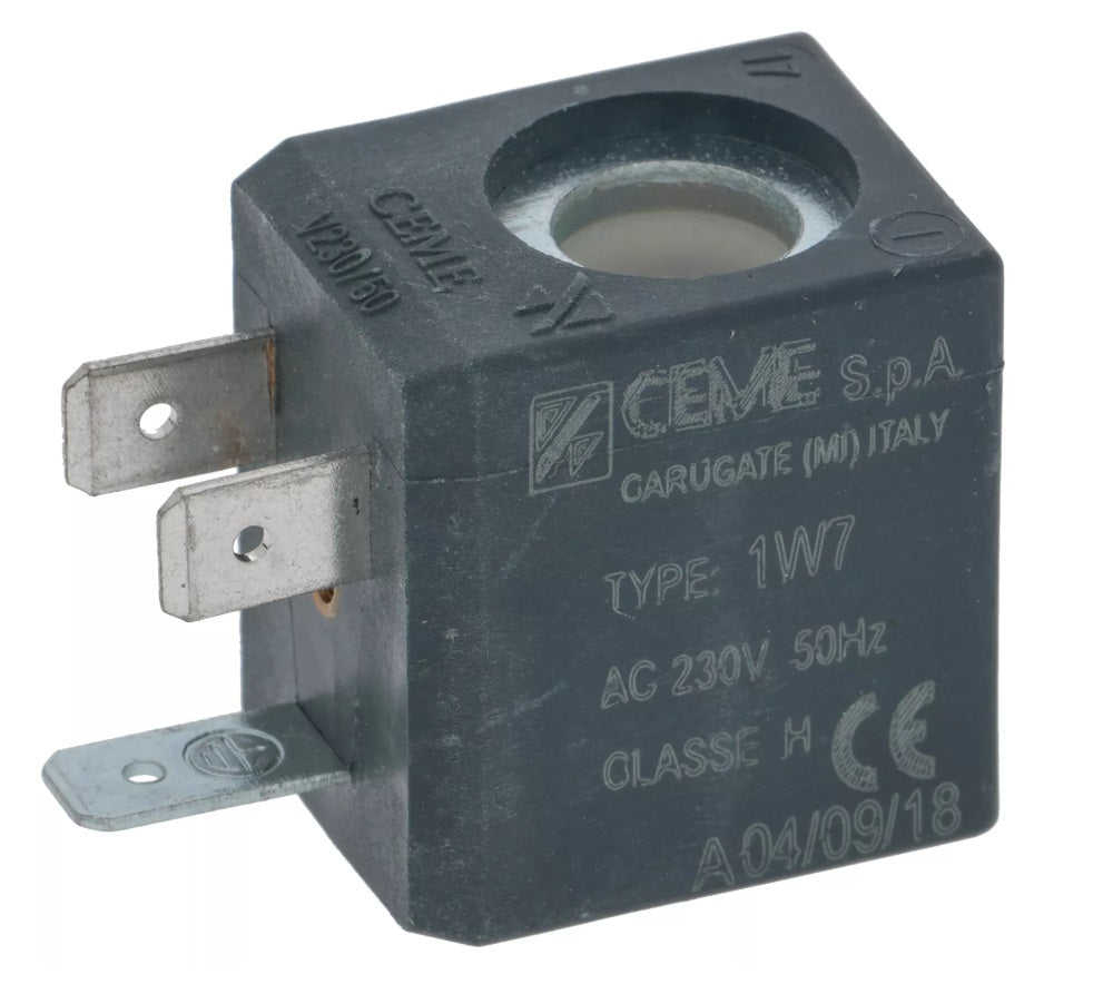 Bobina electrovalva CEME tip 1W7, 230 V, AC, 50 Hz, interior ø 10 mm, conectori 6,3 mm,  H 30 mm - 371154
