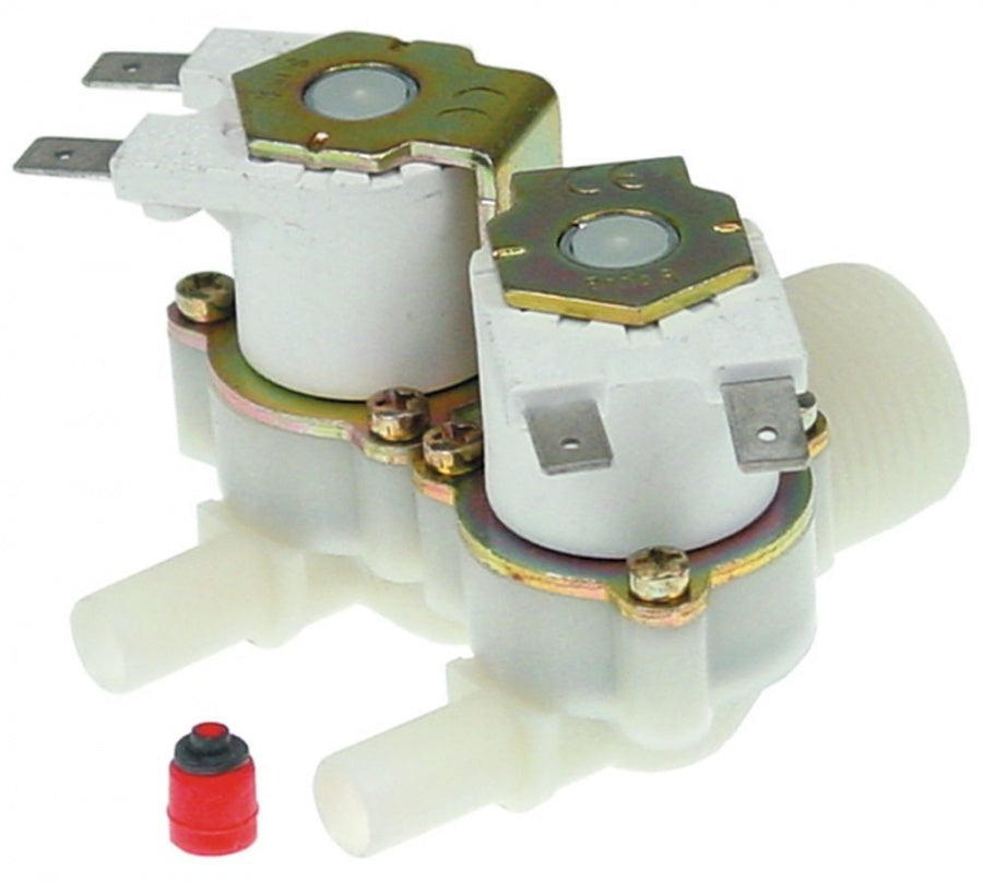 Electrovalva cu 2 cai dreapta, 230V, intrare 3/4", iesiri JG 10 mm, t. max. 90°C, plastic, RPE - 374031