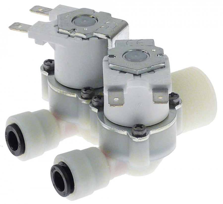 Electrovalva dubla 230V, intrare 3/4", iesiri cu racorduri rapide JG 8mm, reductor debit 10-12 l/min, t.max. 60°C - 374037