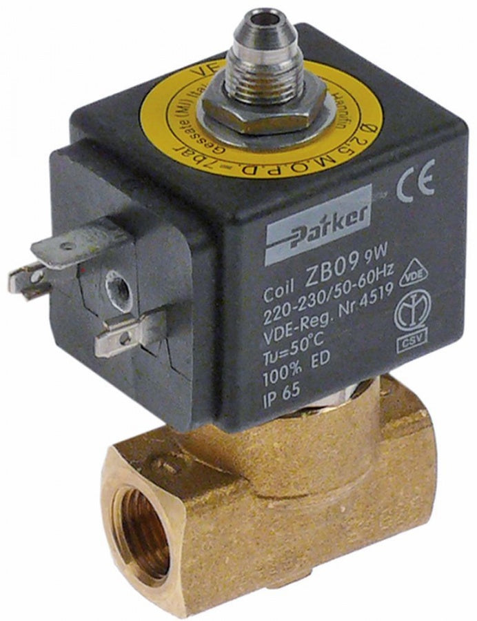 solenoid valve 230VAC inlet 1/4" outlet 1/4" connection 1/4" L 40mm DN 2,5mm t.max. 140°C