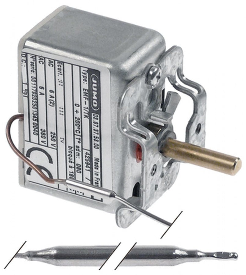 thermostat t.max. 200°C temperature range 0-200°C 1-pole 1CO 6A probe ø 6mm probe L 114mm