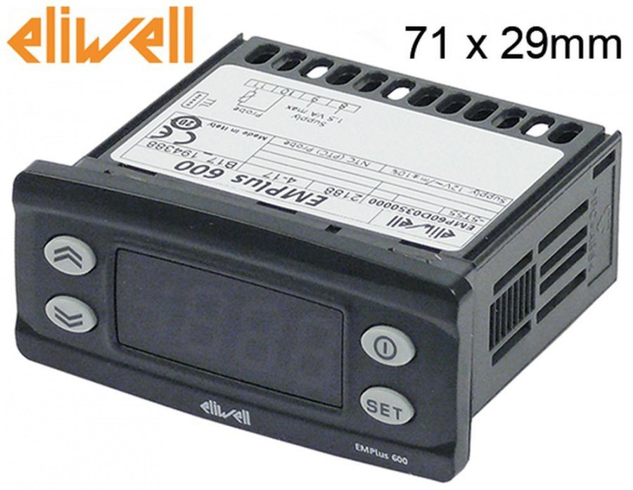 termometru ELIWELL tip EMPLUS 600 dimensiuni de montaj 71x29mm 12V tensiune AC/DC