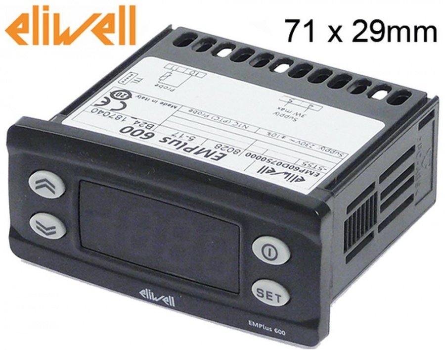 termometru ELIWELL tip EMPLUS 600 dimensiuni de montaj 71x29mm 230V tensiune AC