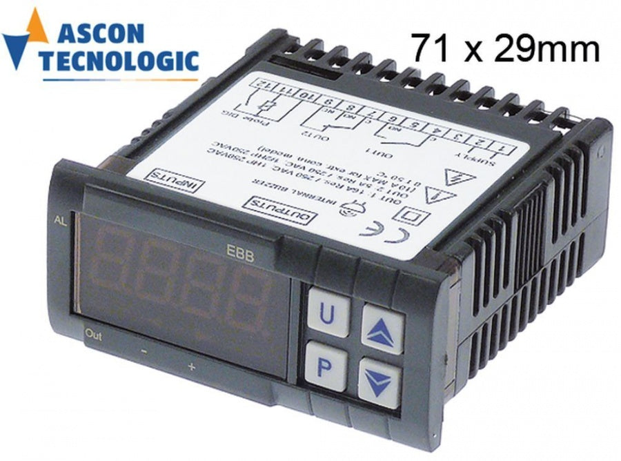 Termostat digital TECNOLOGIC TLZ12-HRRBS, L 71x29 mm, -50+150°C, 100-240 V, AC, 2 relee, sonerie interna, senzor compatibil NTC/PTC - 379825