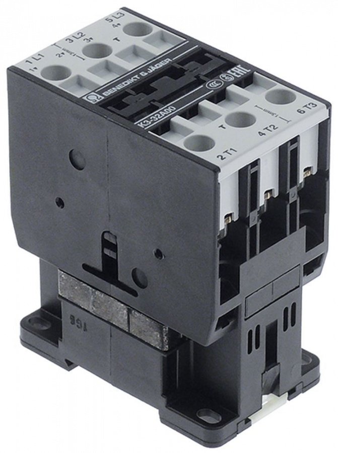 Contactor BENEDIKT & JÄGER, K3-32A00, comandat in 230 V, sarcina rezistiva 65 A, motor 32A/15 kW (AC3/400 V) - 380775