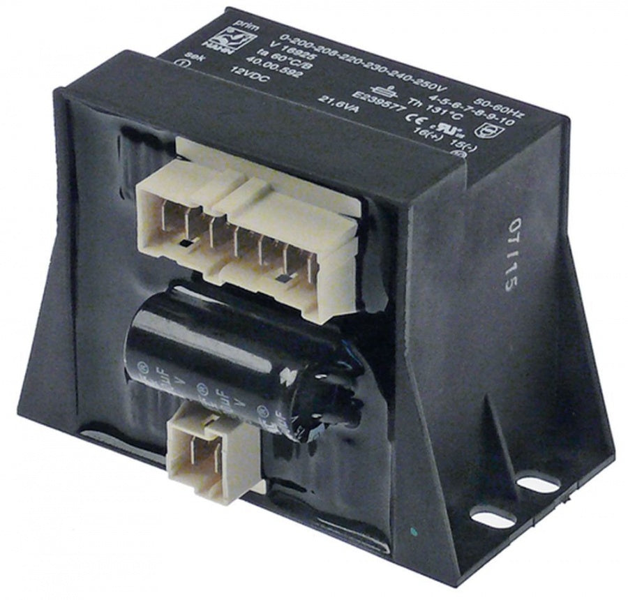 transformer primary 200-250VAC secondary 12VDC 21,6VA H 70mm L 94mm W 71mm connection plug
