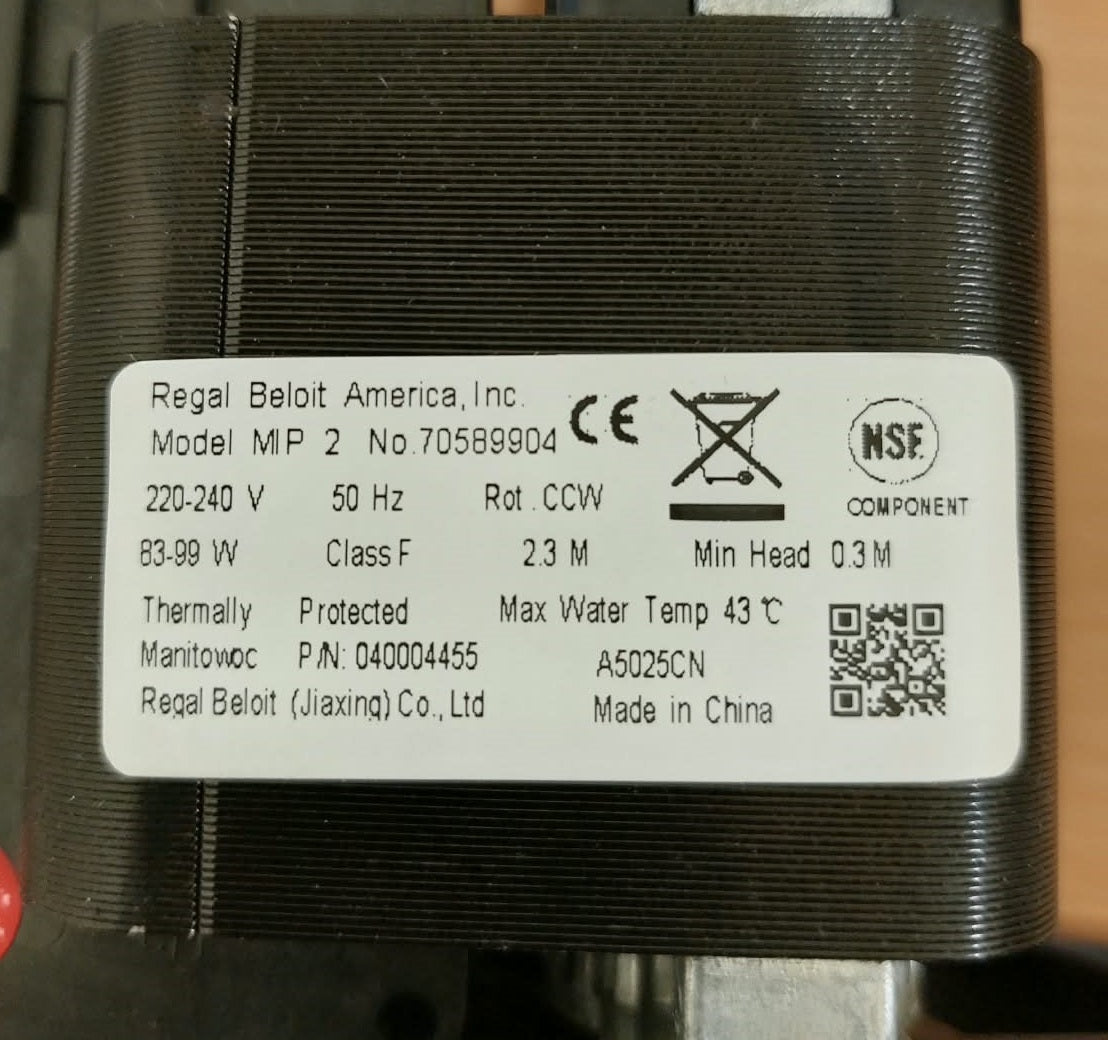 Pompa de apa masina de geata Regal Beloit America MIP 2, 705889904, 3-99W, 220-240V, ø intrare 24mm, ø ieșire 24mm, Manitowok 040004455