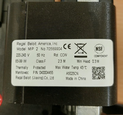 Pompa de apa masina de geata Regal Beloit America MIP 2, 705889904, 3-99W, 220-240V, ø intrare 24mm, ø ieșire 24mm, Manitowok 040004455