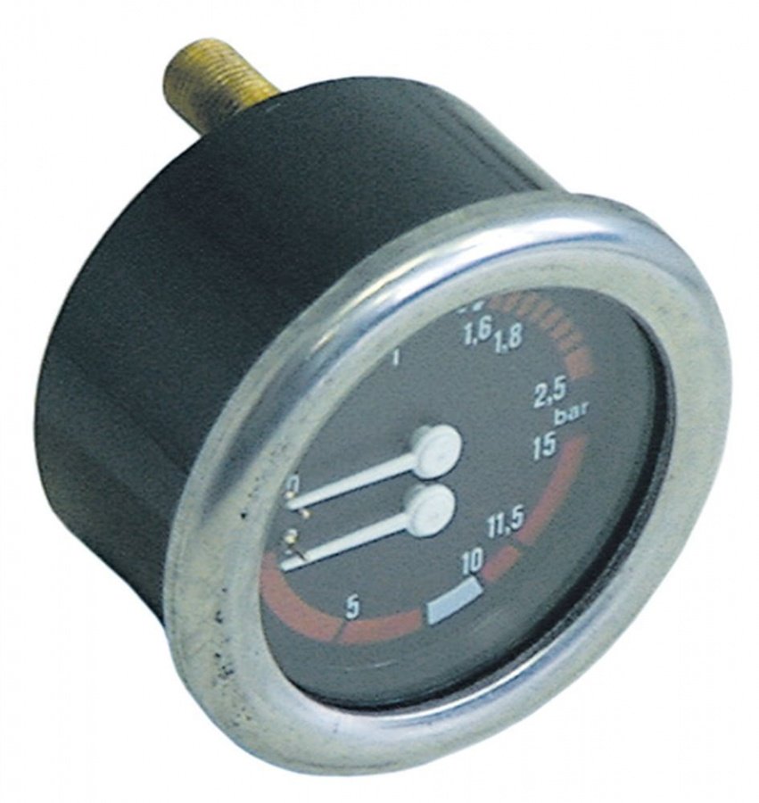 Manometru scala dubla ø 63 mm, racord 1/8", presiune abur boiler 0-2,5 bar, presiune pompa 0-15 bar - 541211