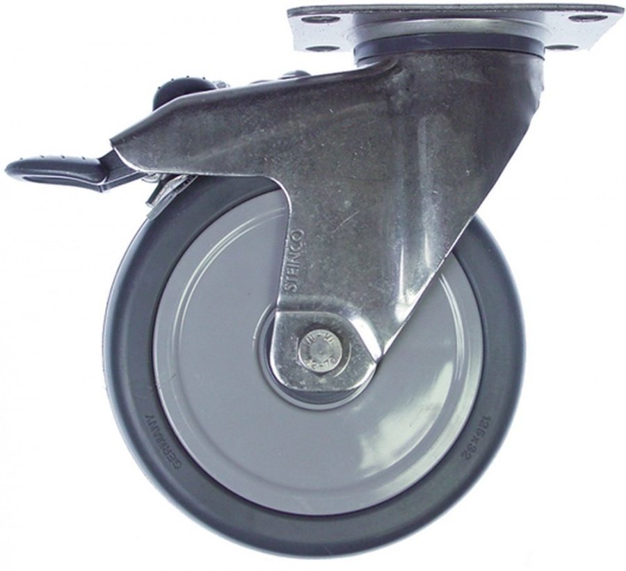 Swivel castor plate fixing hole distance 75x50mm H 158mm with swivel brake ø 125mm wheel width 32mm - 700293