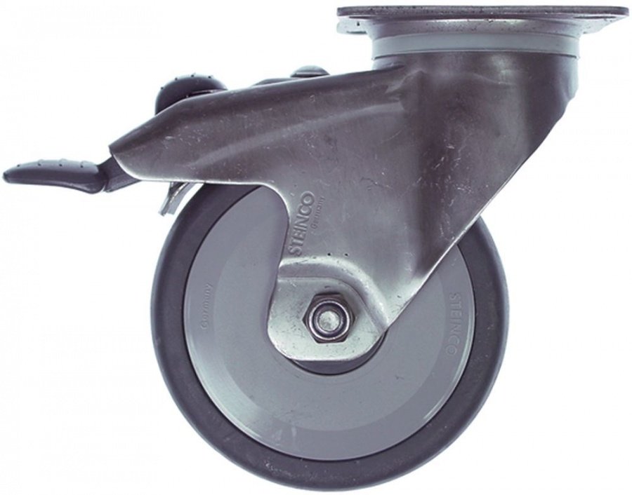 Swivel castor plate fixing hole distance 61x51mm H 158mm with swivel brake ø 100mm wheel width 32mm - 700296