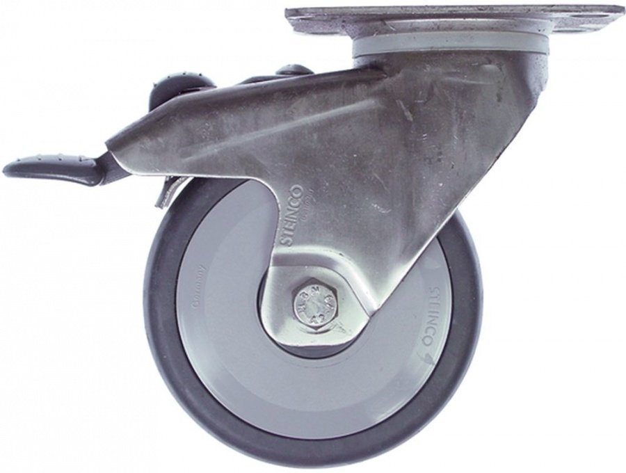 Swivel castor plate fixing hole distance 75x50mm H 158mm with swivel brake ø 100mm wheel width 32mm - 700319