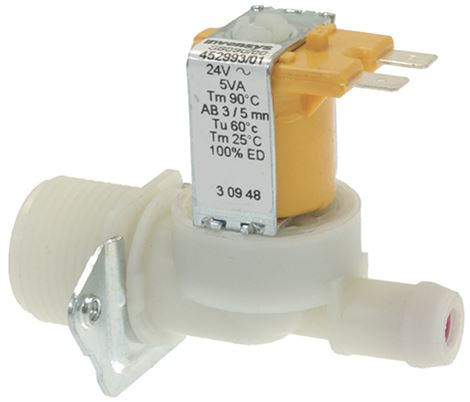 Electrovalva dreapta 24V AC/DC, intrare 3/4", iesire 14,5mm, cu reductor purpuriu, t.max. 90°C
