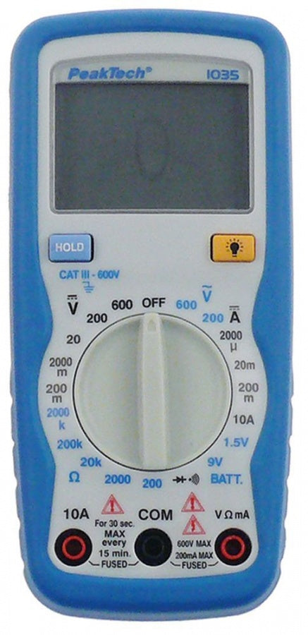 multimeter PEAK TECH 1035DMM display range  manual 0,1mV-600V 0,1mV-600V 1µA-10 0,1Ohm-2MOhm yes/yes