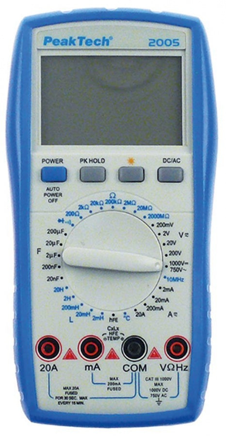 Multimeter PEAK TECH, (AC/DC) 100µV-600V, 1µA-10, 0.1Ohm-2000 MOhm, 1Hz-10MHz, 10pF-200µF, -20 up to +1000°C - 800021