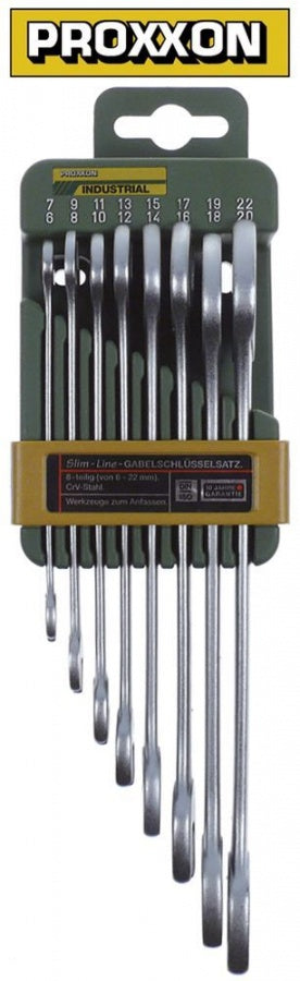 double ended fork wrench set 8-piece sizes 6-22mm chrome-vanadium steel, chrome-plated