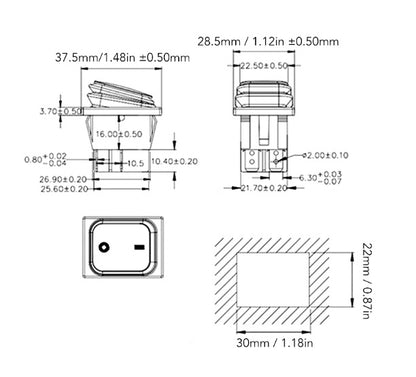 Intrerupator basculant cu burduf etans, contacte 30A, 230V, montare 30x22 mm, iluminat rosu