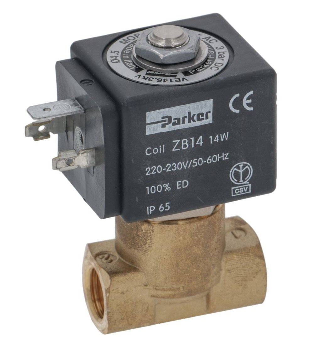 Electrovalva cu 2 cai PARKER PM146.3KV, 230V, 50/60Hz, racorduri 1/4", orificiu ø 4.5mm, bobina ZB14 14W