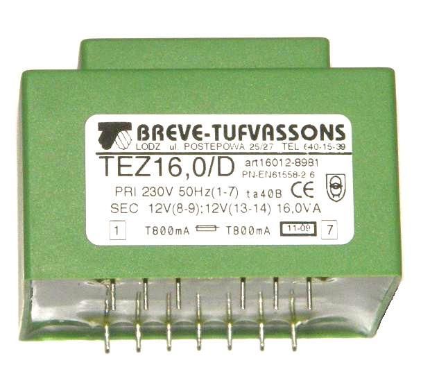 Transformator TEZ16/D, primar 230V, secundar 12V + 12V, BREVE-TUFVASSONS, montare prin lipire pe cablaj