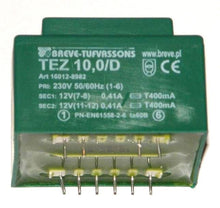 Transformator TEZ10,0/D, primar 230V, secundar 12V + 12V, BREVE-TUFVASSONS, montare prin lipire pe cablaj