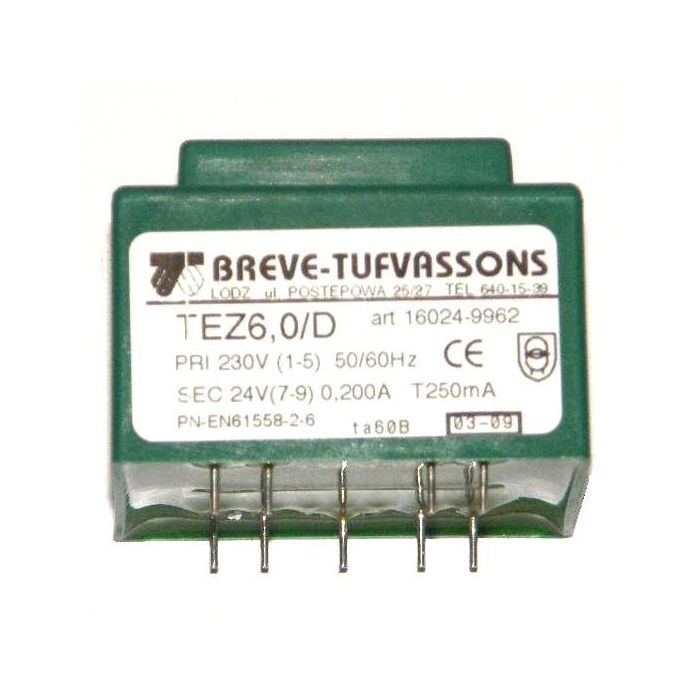 Transformator TEZ6,0/D, primar 230V, secundar 24V, BREVE-TUFVASSONS, montare prin lipire pe cablaj
